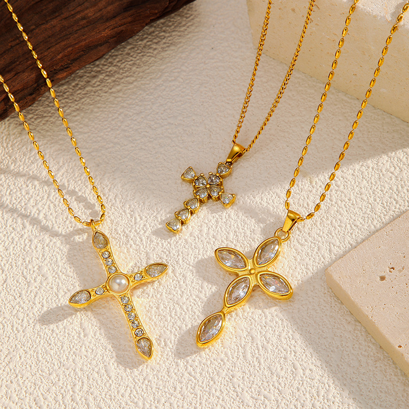 MYK2518-Stainless steel cross-shaped diamond clavicle chain
