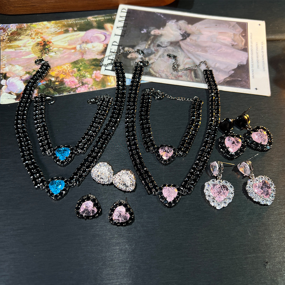 MYK2545-Sweet and cool style clavicle chain heart ice flower zircon high-end necklace and earrings