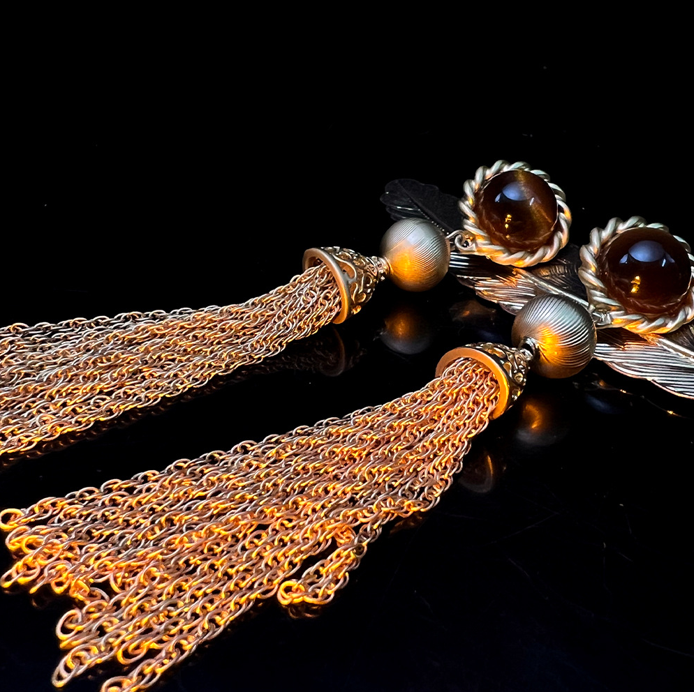 MYK2548-Maillard Tiger Eye Tassel Earrings, Matte Gold Plated Copper Old Money Style Earrings
