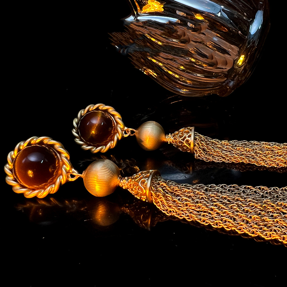 MYK2548-Maillard Tiger Eye Tassel Earrings, Matte Gold Plated Copper Old Money Style Earrings