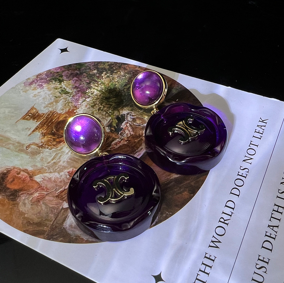 MYK2564-Arc de Triomphe Resin Purple 22K Chanel-style Button Earrings
