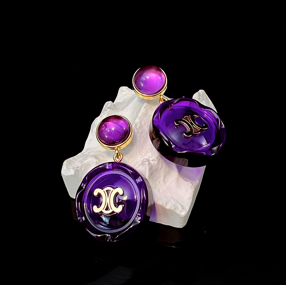 MYK2564-Arc de Triomphe Resin Purple 22K Chanel-style Button Earrings