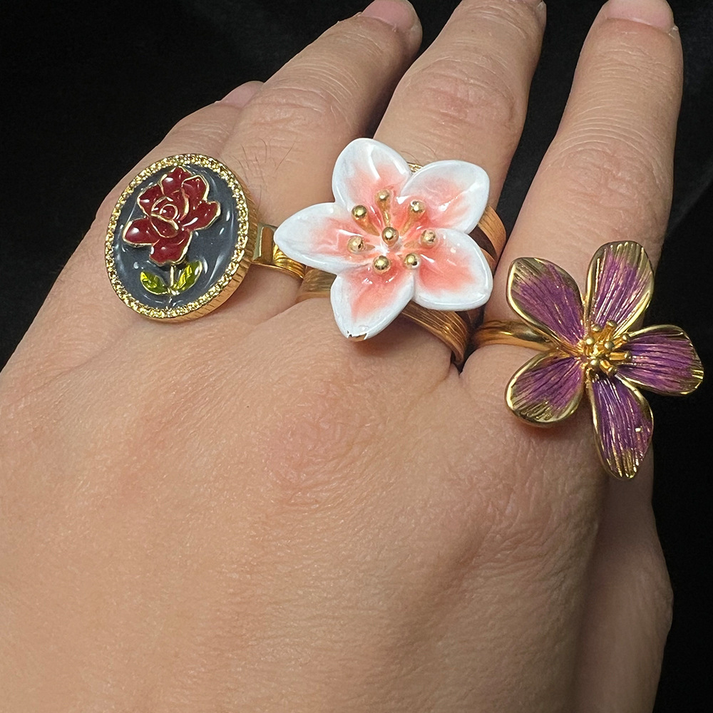 MYK2586-Hand-painted 3D camellia pearl open ring