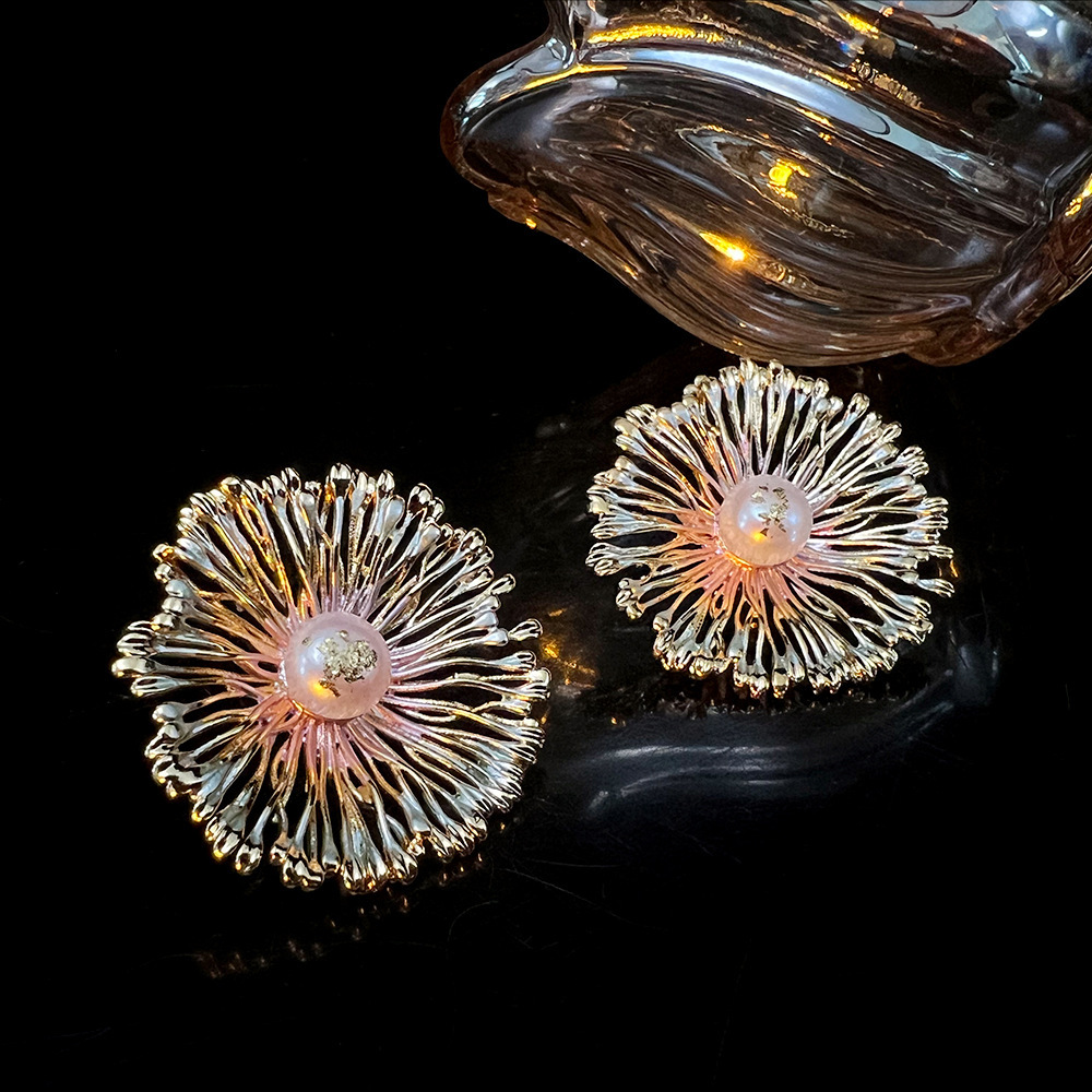 MYK2604-Spanish Fireworks Hand-Painted Flower Earrings, Natural Freshwater Pearl Earrings