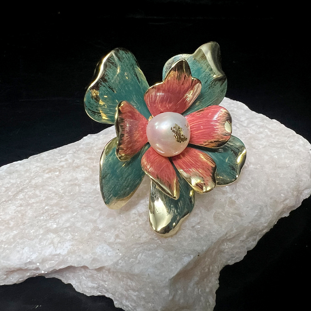 MYK2586-Hand-painted 3D camellia pearl open ring