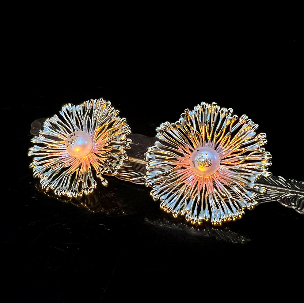 MYK2604-Spanish Fireworks Hand-Painted Flower Earrings, Natural Freshwater Pearl Earrings