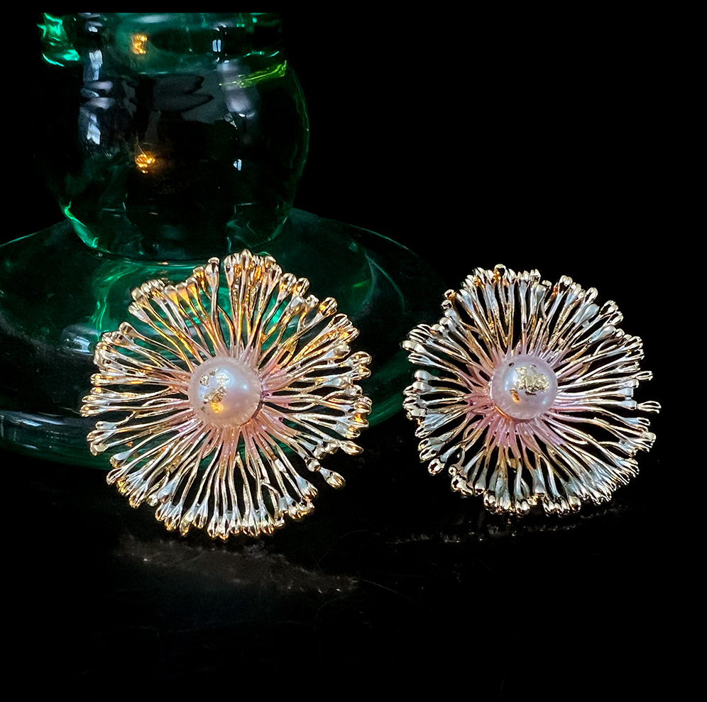 MYK2604-Spanish Fireworks Hand-Painted Flower Earrings, Natural Freshwater Pearl Earrings
