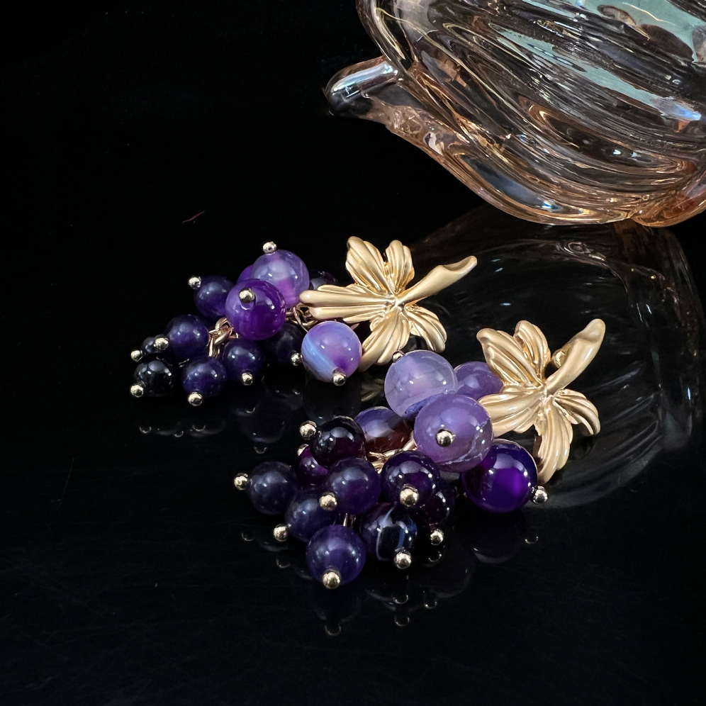 MYK2612-Spanish Grape Earrings - Natural Imperial Stone Purple Crystal Copper Plated with Real Gold