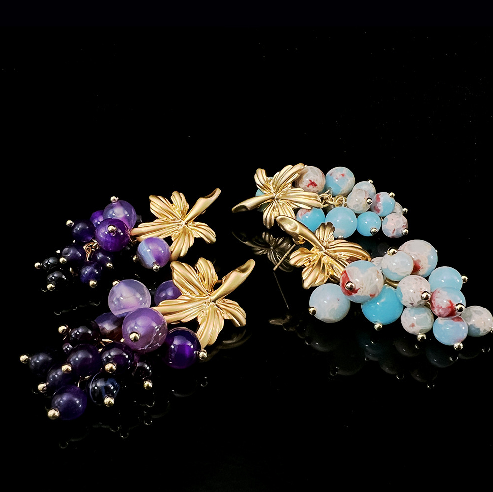 MYK2612-Spanish Grape Earrings - Natural Imperial Stone Purple Crystal Copper Plated with Real Gold