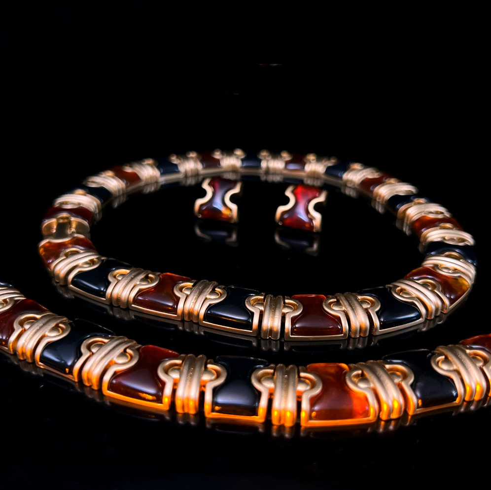 MYK2620-Wide-faced glass necklace set, vintage copper plated with real gold jewelry
