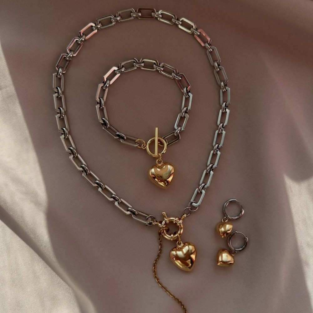 Heart-shaped tassel chain necklace, earrings, and bracelet