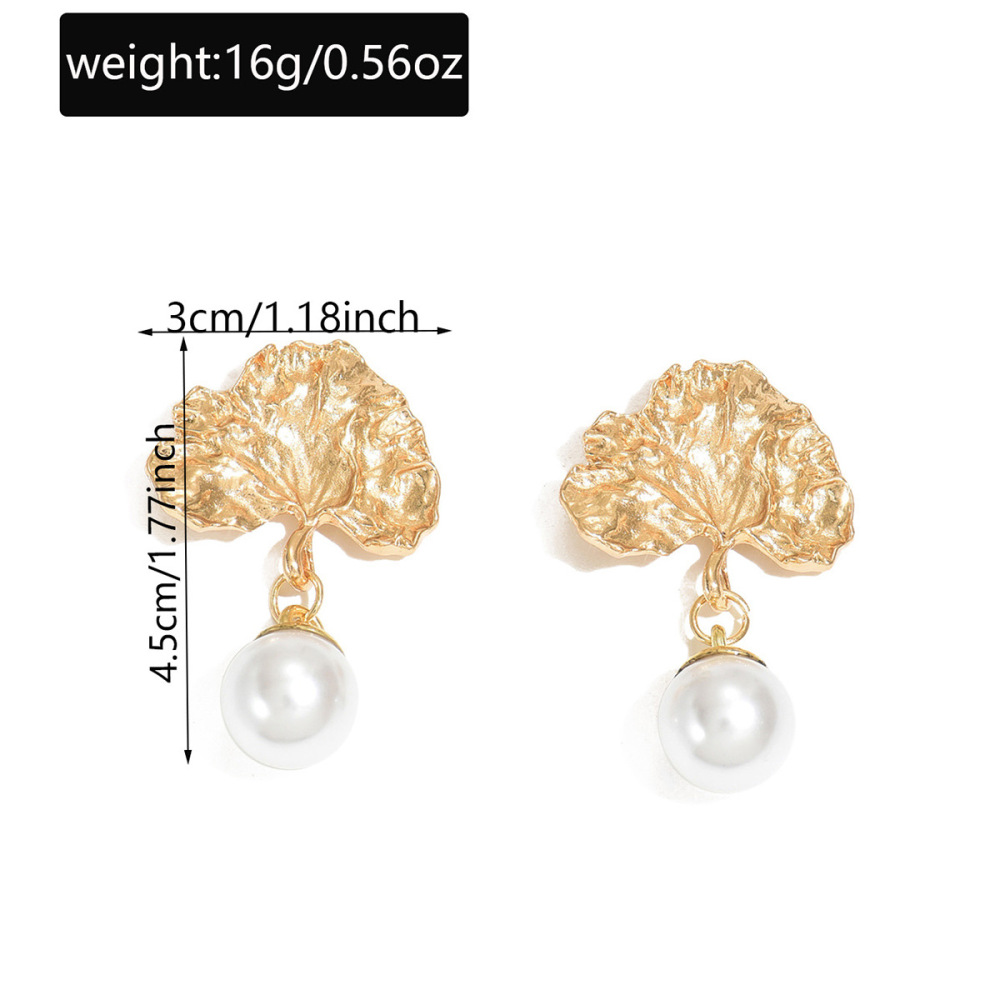 Asymmetrical faux pearl leaf alloy earrings
