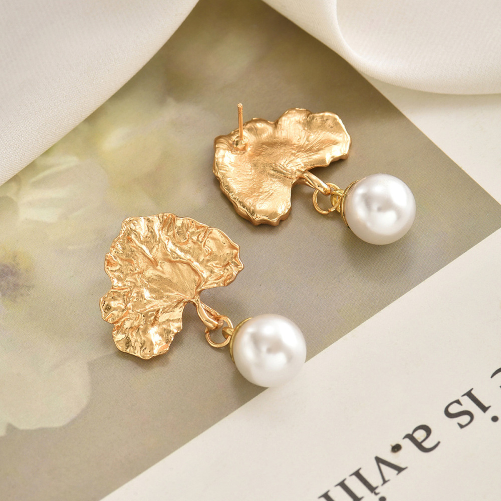 Asymmetrical faux pearl leaf alloy earrings