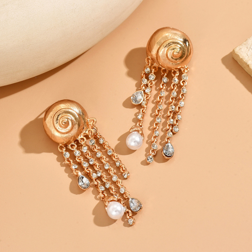 Heavy-duty diamond-encrusted long tassel spiral faux pearl alloy earrings