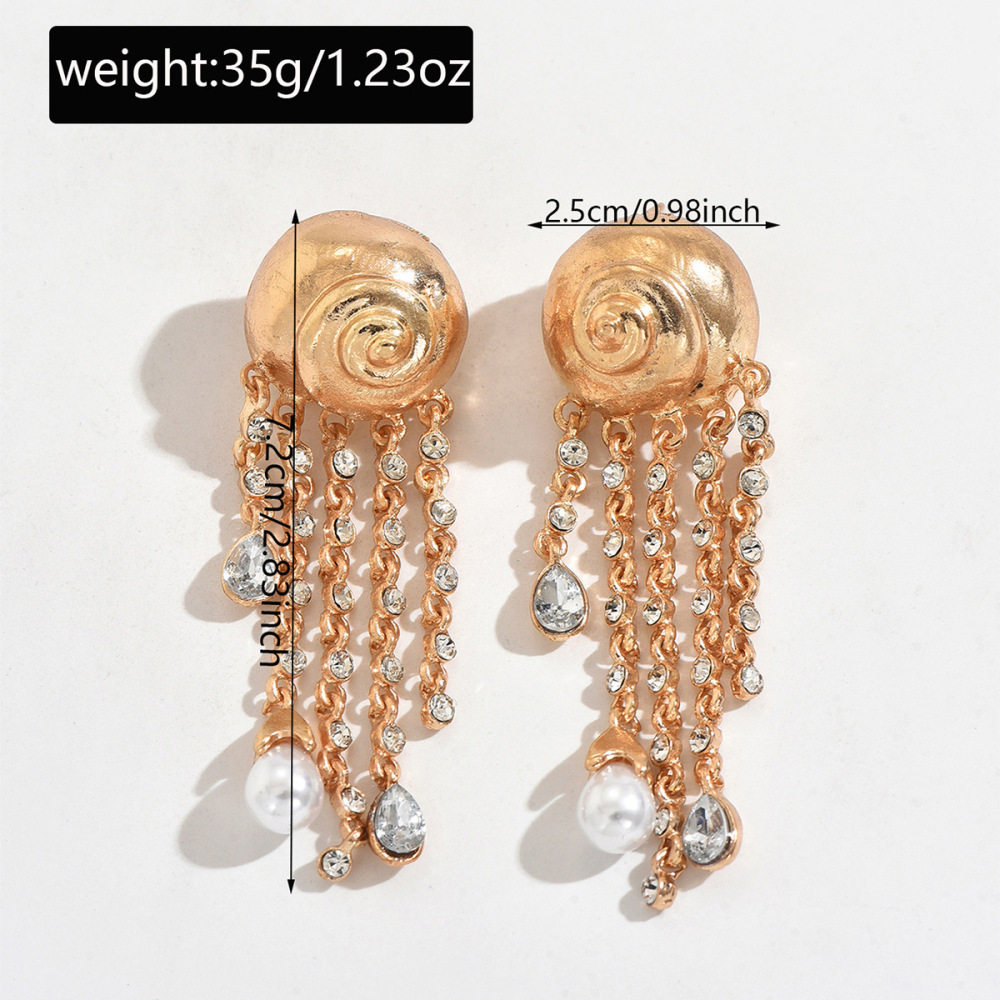 Heavy-duty diamond-encrusted long tassel spiral faux pearl alloy earrings