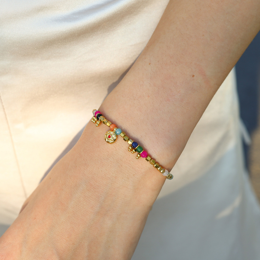 MYK2741-18K stainless steel round woven bracelet with natural stone pendant