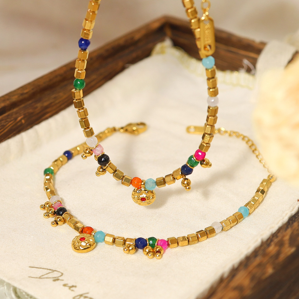 MYK2741-18K stainless steel round woven bracelet with natural stone pendant