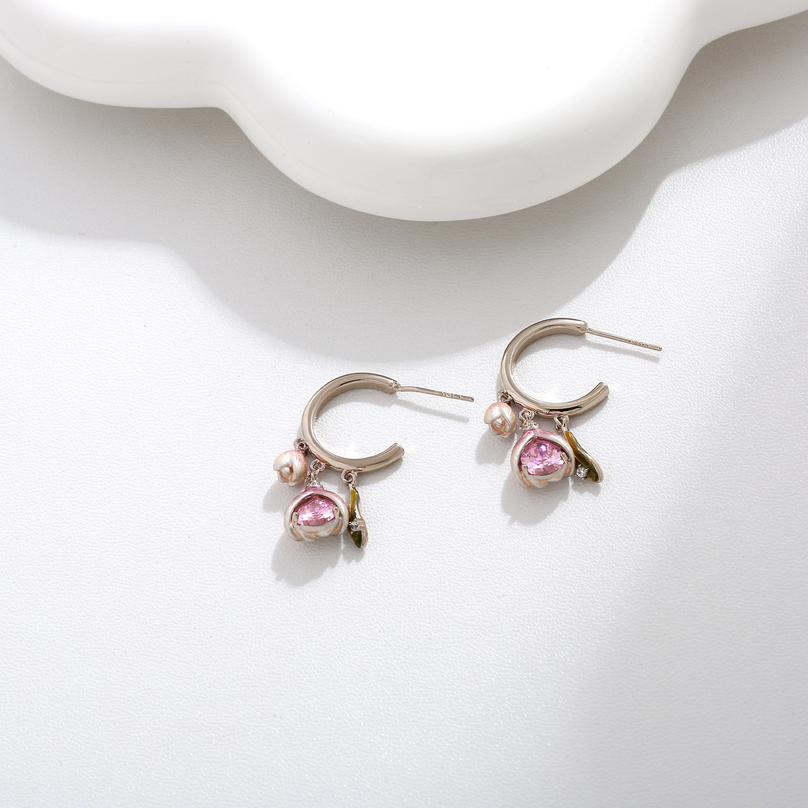 MYK2788-Pink tulip stud earrings with teardrop zircon stones and 925 studs