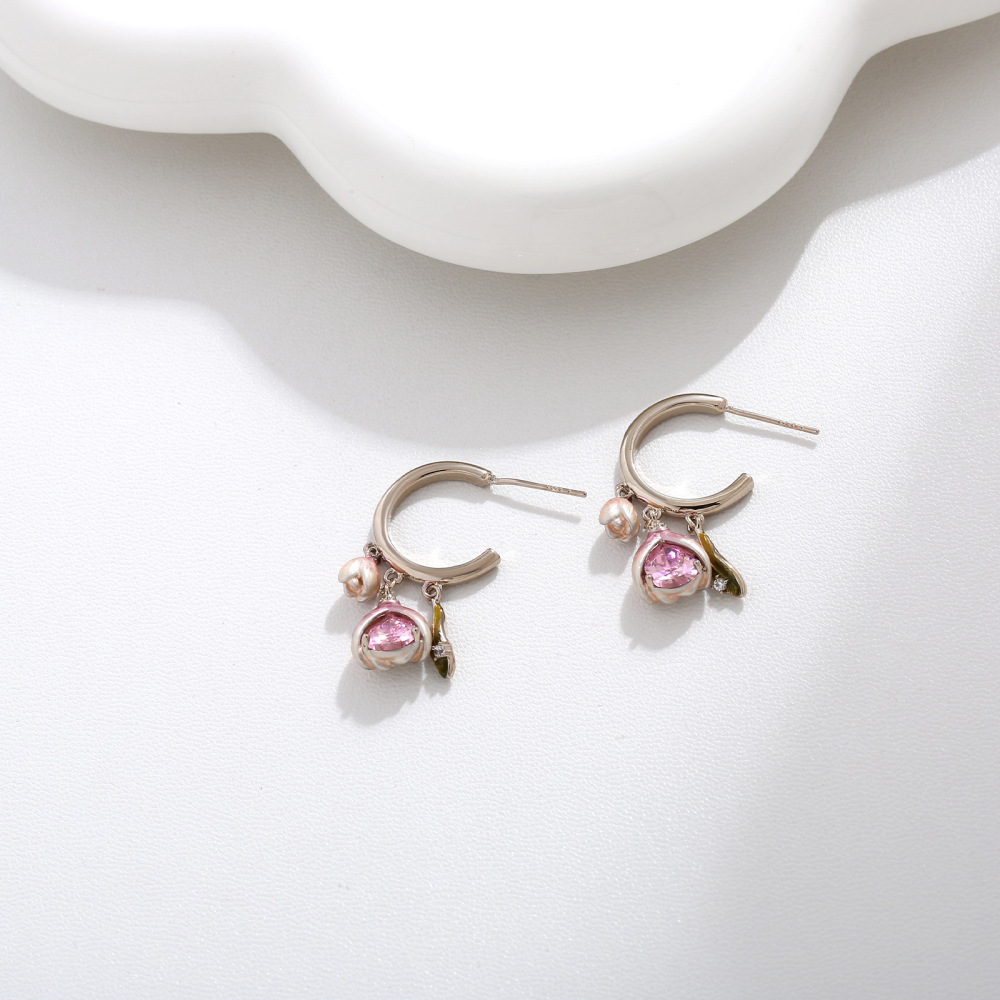 MYK2788-Pink tulip stud earrings with teardrop zircon stones and 925 studs