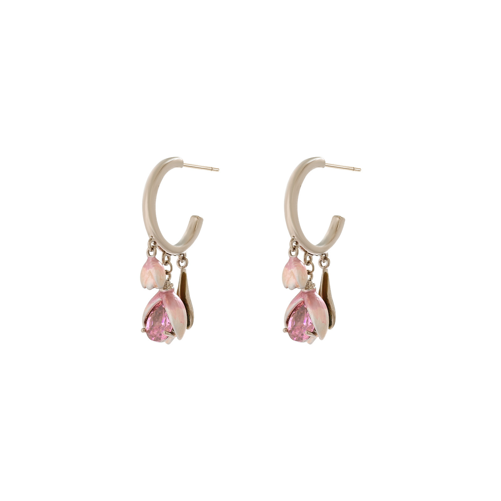 MYK2788-Pink tulip stud earrings with teardrop zircon stones and 925 studs