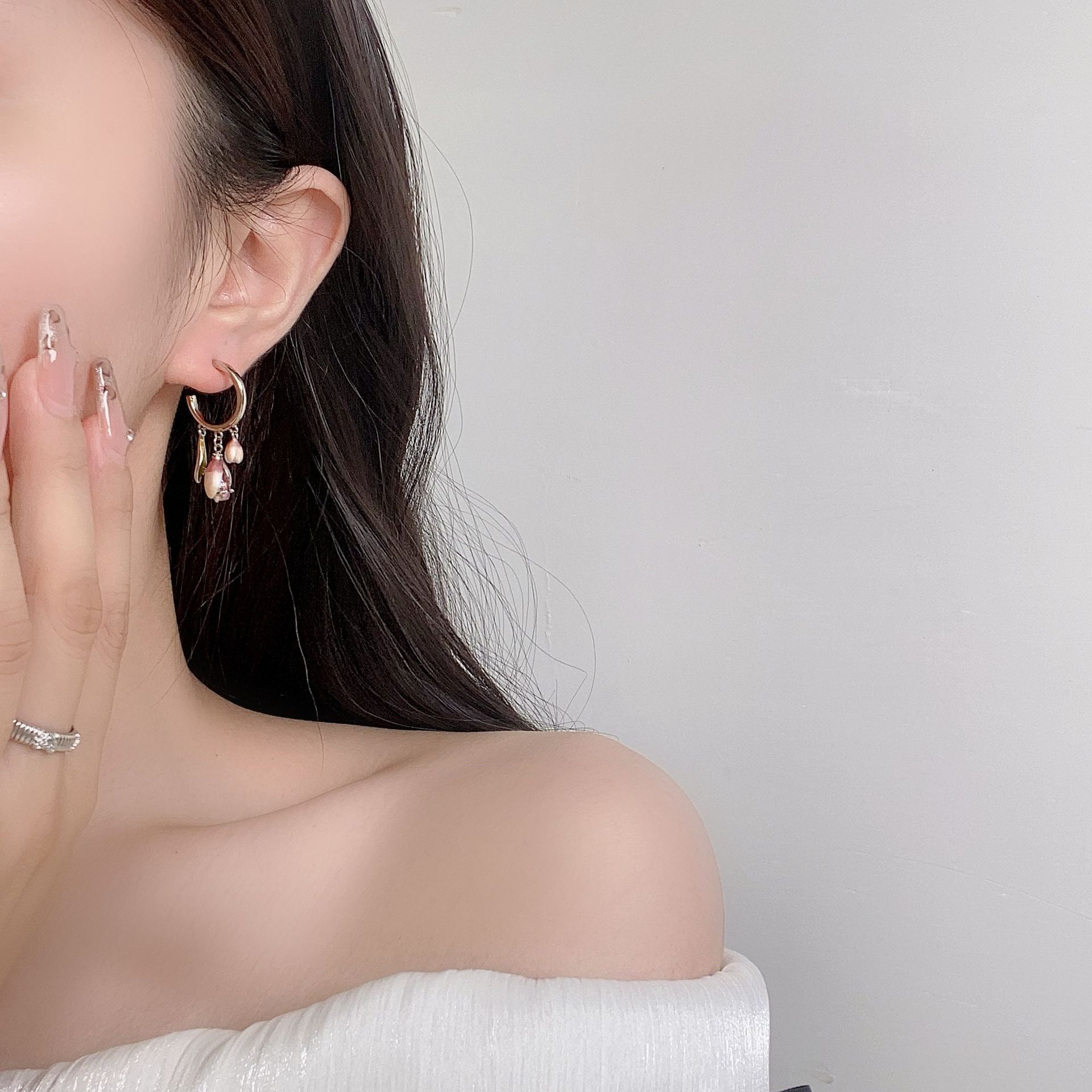 MYK2788-Pink tulip stud earrings with teardrop zircon stones and 925 studs