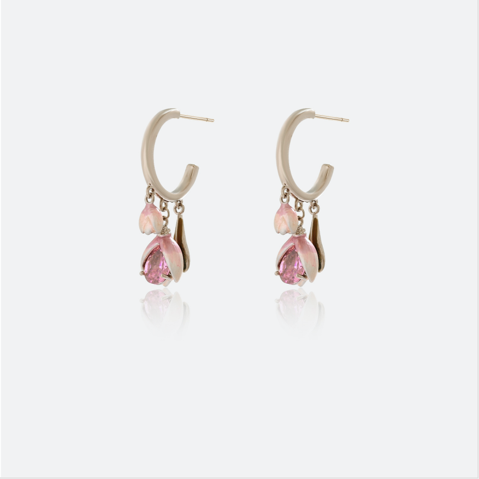 MYK2788-Pink tulip stud earrings with teardrop zircon stones and 925 studs
