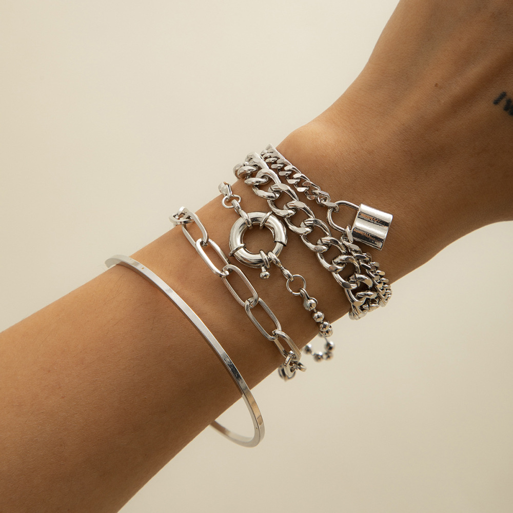 Punk Hip Hop Style Lock Clasp Bracelet Set