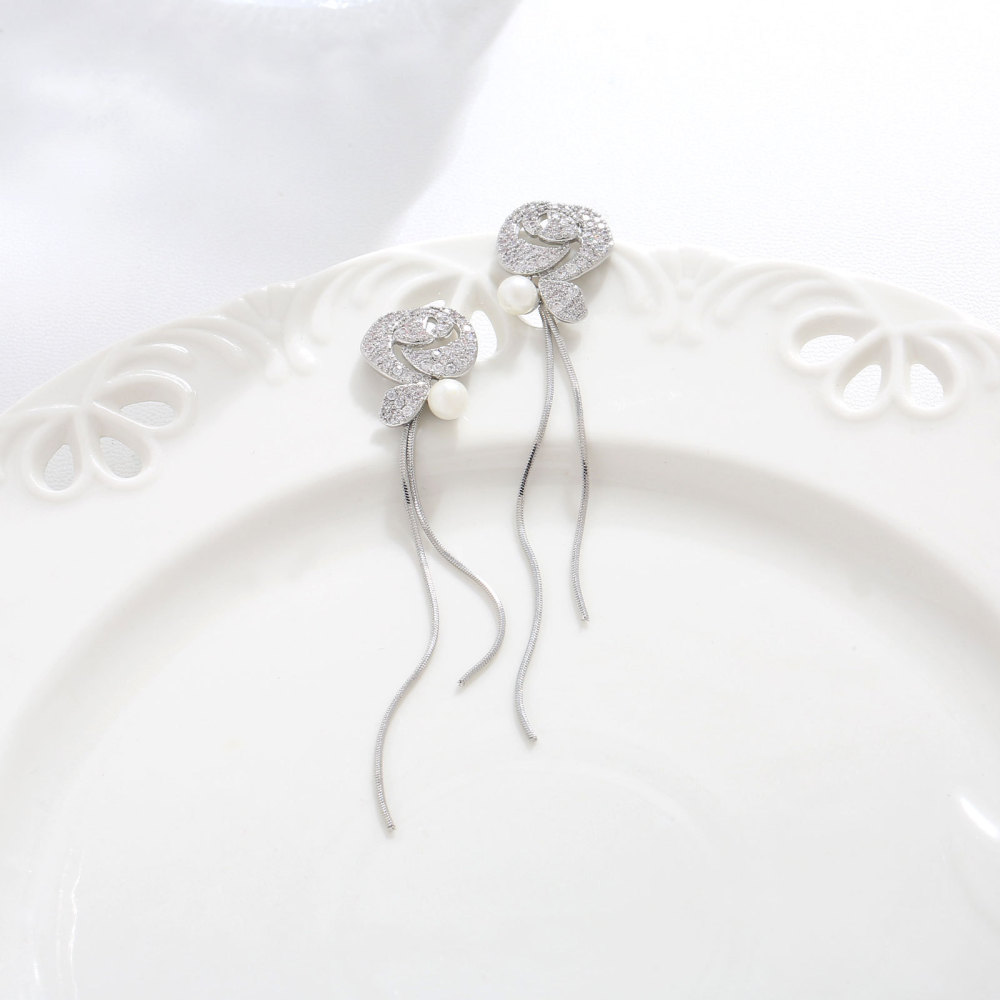 MYK2846-Micro-set zircon rose long tassel 925 silver needle earrings