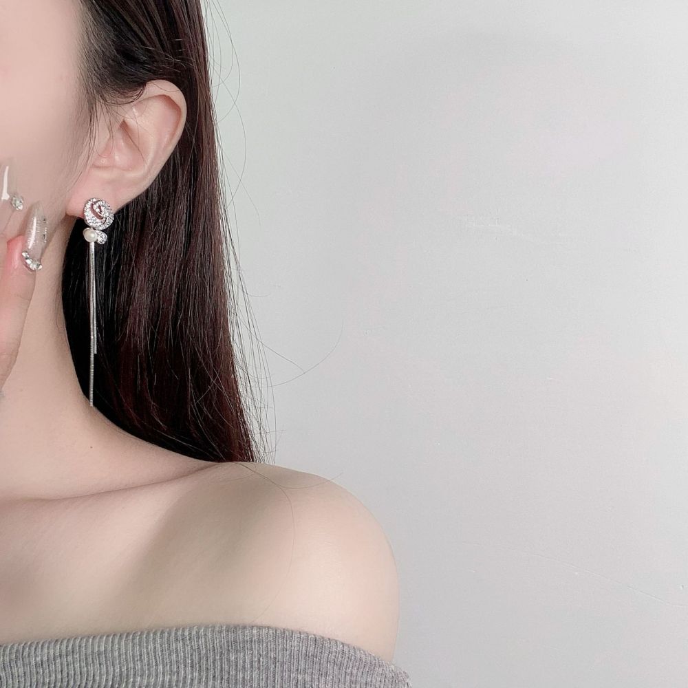 MYK2846-Micro-set zircon rose long tassel 925 silver needle earrings