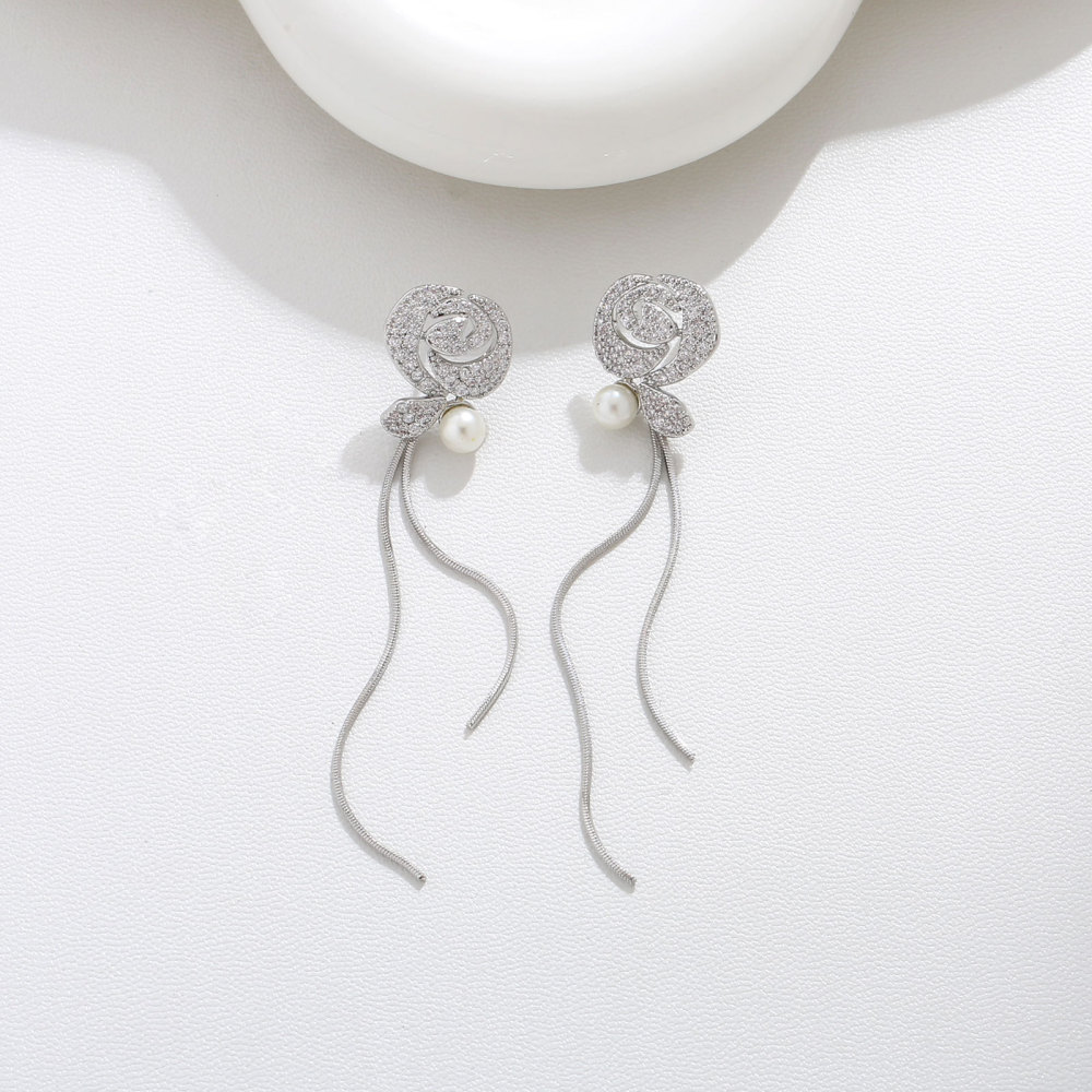 MYK2846-Micro-set zircon rose long tassel 925 silver needle earrings