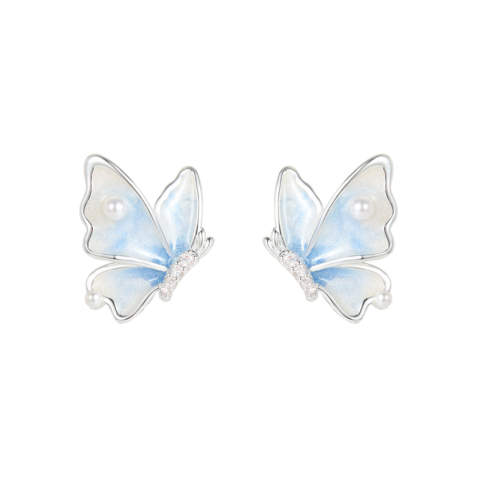 MYK2859-Blue and white gradient butterfly pearl earrings with 925 silver needles