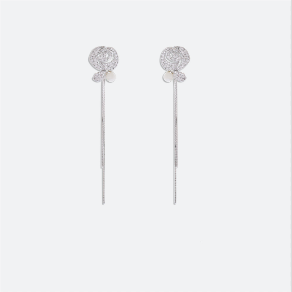 MYK2846-Micro-set zircon rose long tassel 925 silver needle earrings