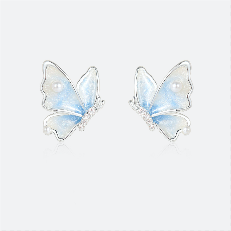 MYK2859-Blue and white gradient butterfly pearl earrings with 925 silver needles