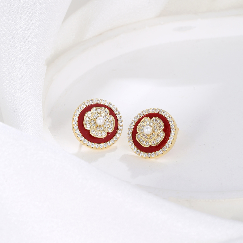 MYK2881-Retro-style red floral full zircon stud earrings with S925 silver needles