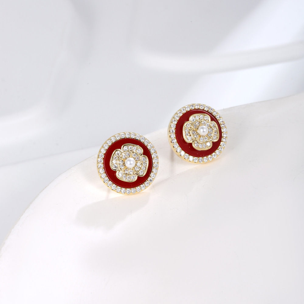 MYK2881-Retro-style red floral full zircon stud earrings with S925 silver needles