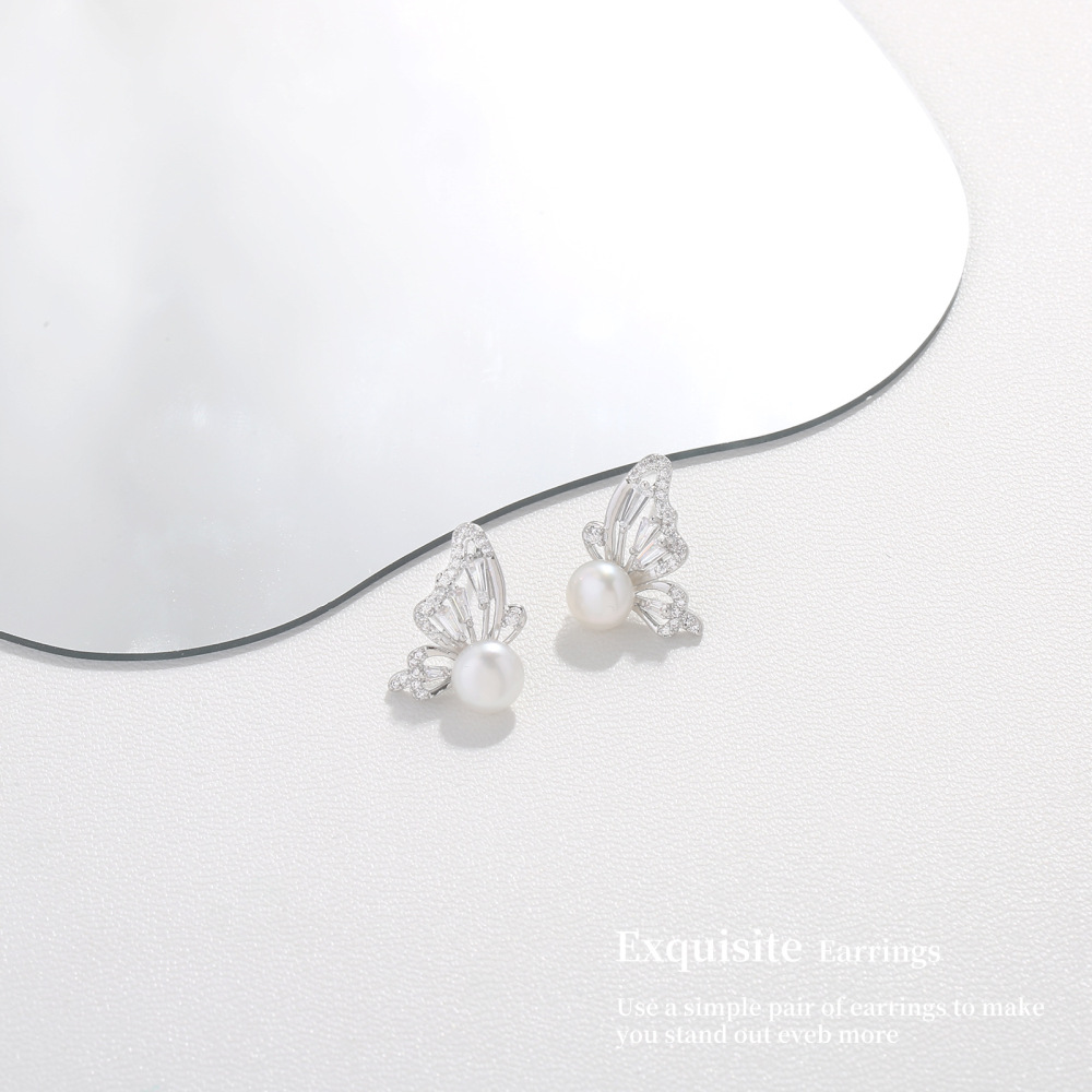 MYK2864-Natural pearl and zircon butterfly earrings with S925 silver needles
