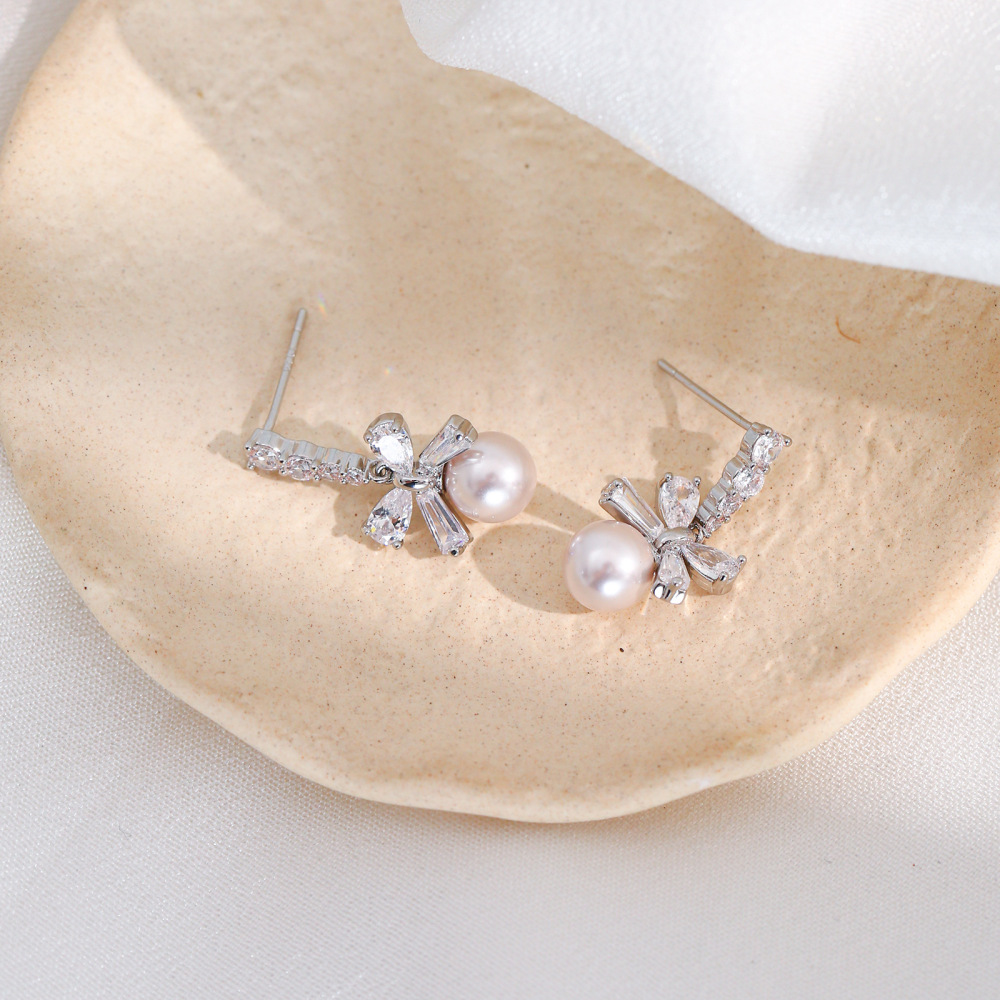 MYK2874-Bow Pearl Stud Earrings 925 Sterling Silver Needle Earrings