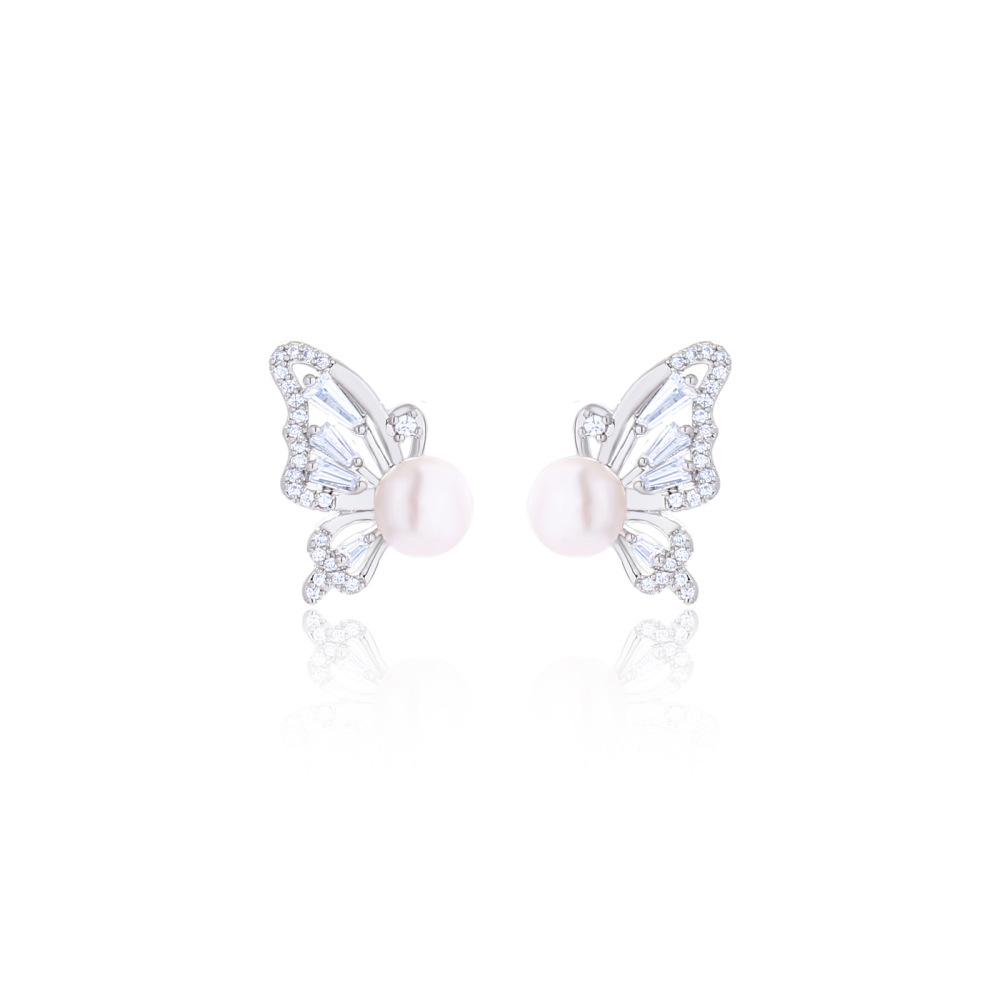 MYK2864-Natural pearl and zircon butterfly earrings with S925 silver needles