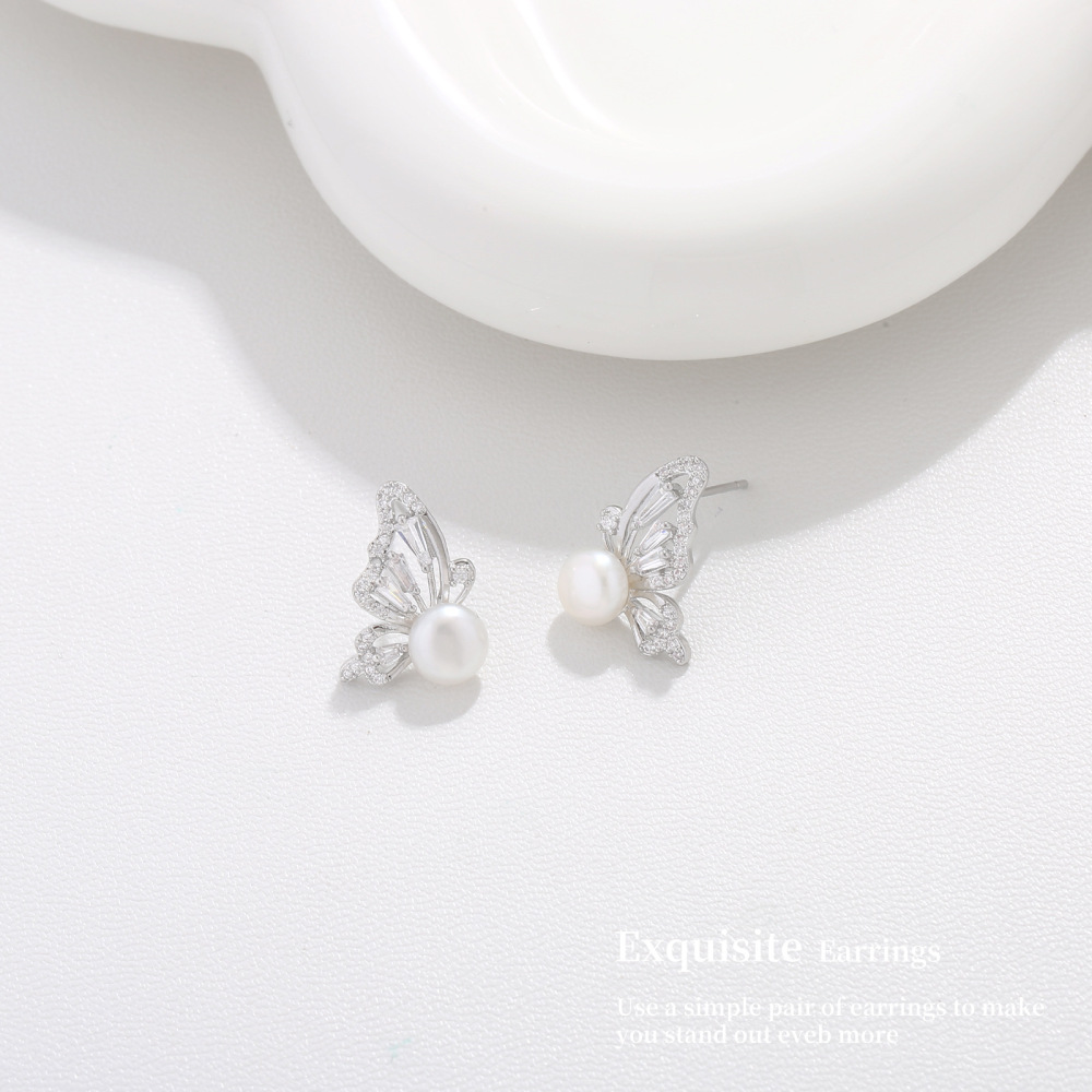 MYK2864-Natural pearl and zircon butterfly earrings with S925 silver needles
