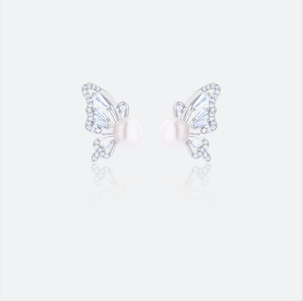MYK2864-Natural pearl and zircon butterfly earrings with S925 silver needles