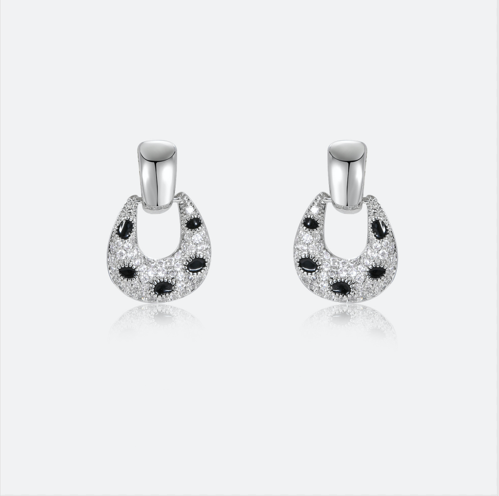 MYK2877-Black and white speckled earrings with 925 sterling silver needles