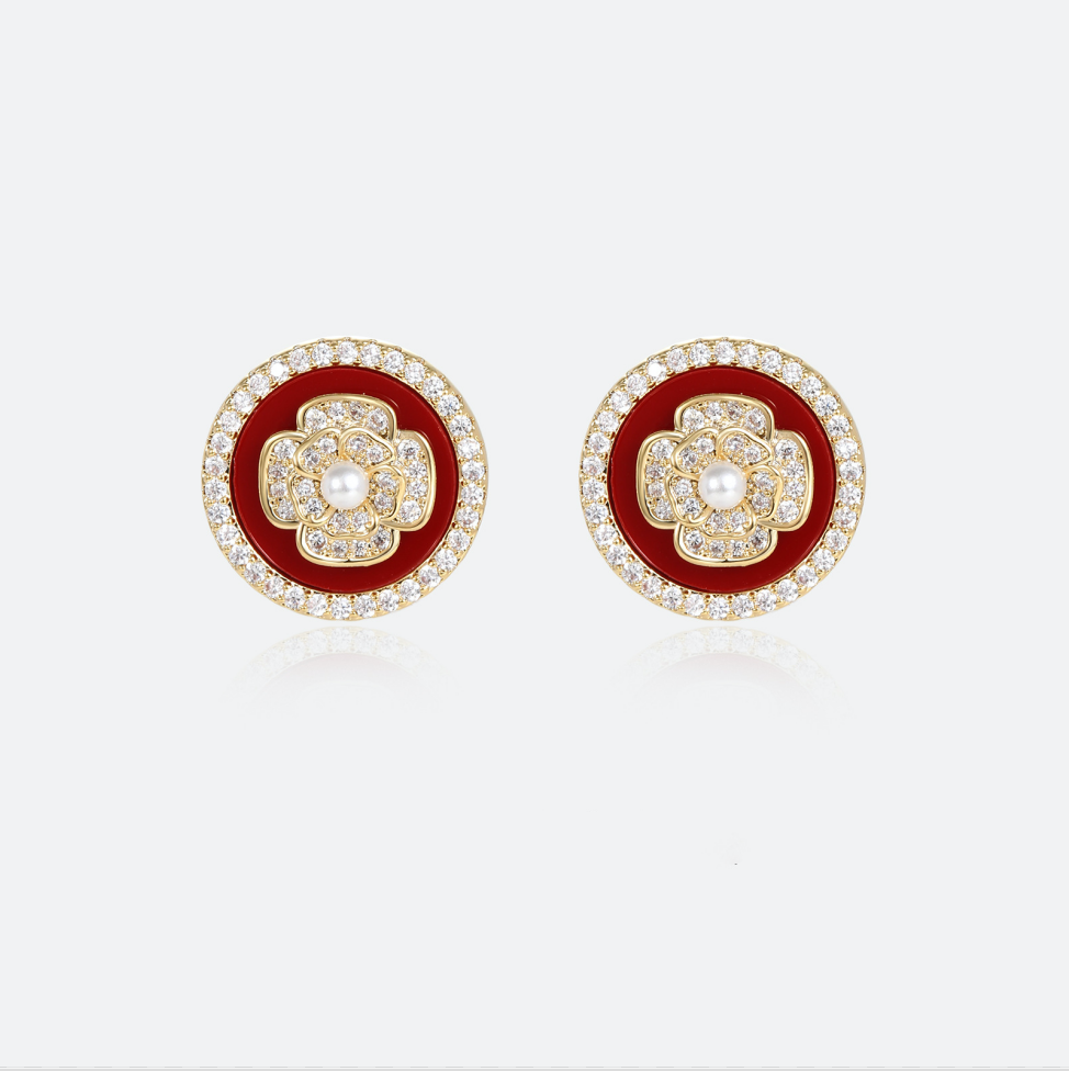 MYK2881-Retro-style red floral full zircon stud earrings with S925 silver needles
