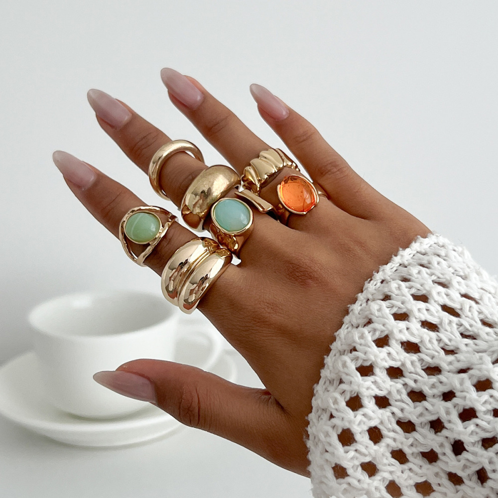Irregularly Inlaid Acrylic Open Alloy Ring Set