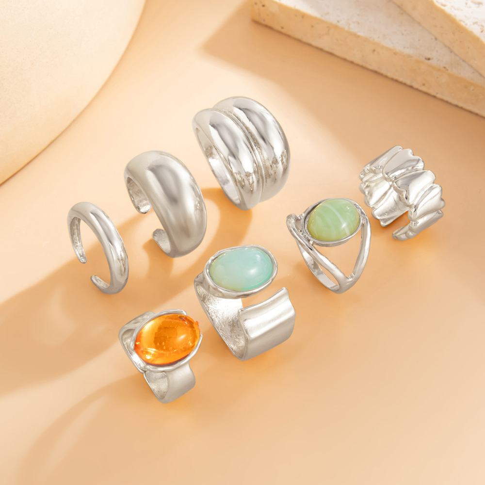 Irregularly Inlaid Acrylic Open Alloy Ring Set