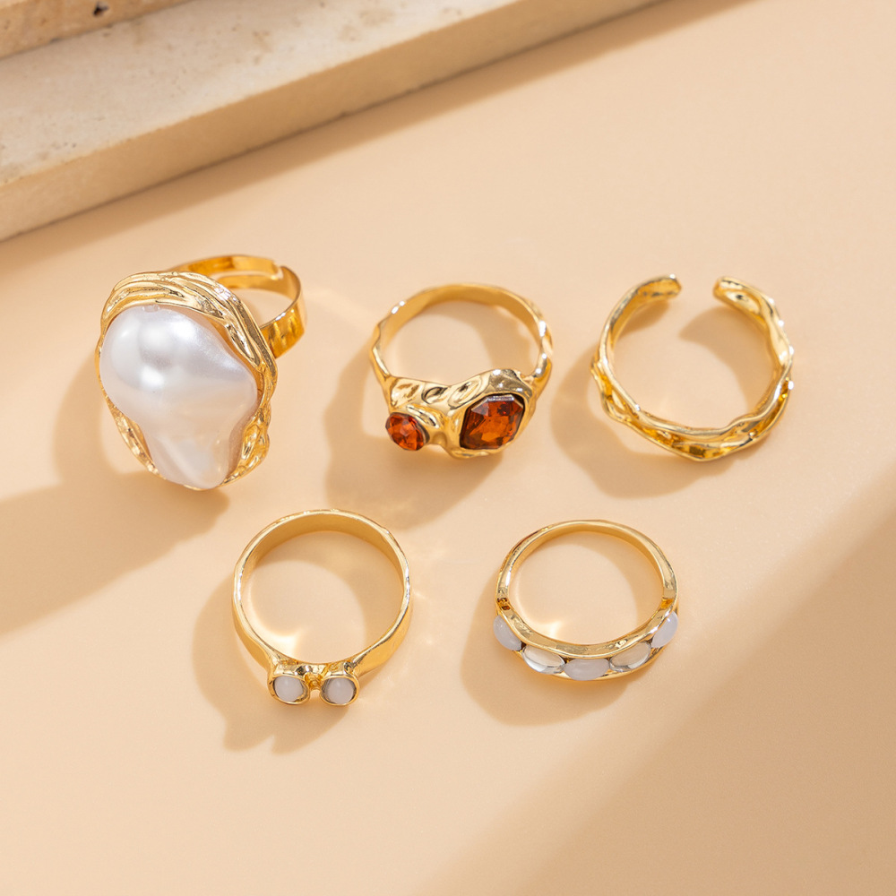 5-piece irregularly inlaid imitation pearl alloy ring set