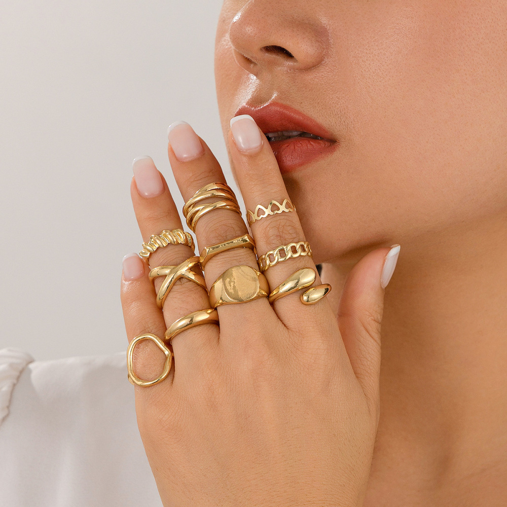 10-Piece Braided Openwork Cross Chain Alloy Ring Set