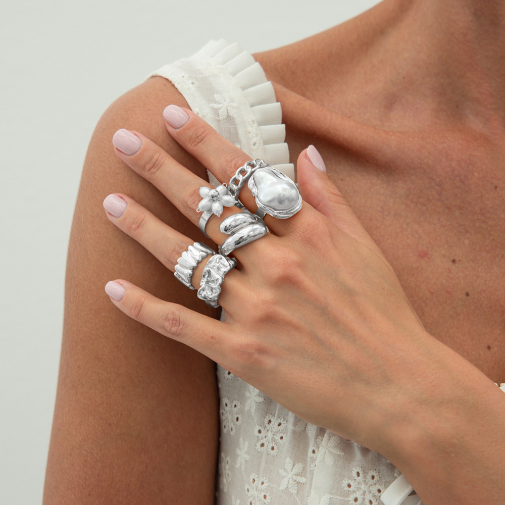 6-Piece Irregular Imitation Pearl Alloy Ring Set