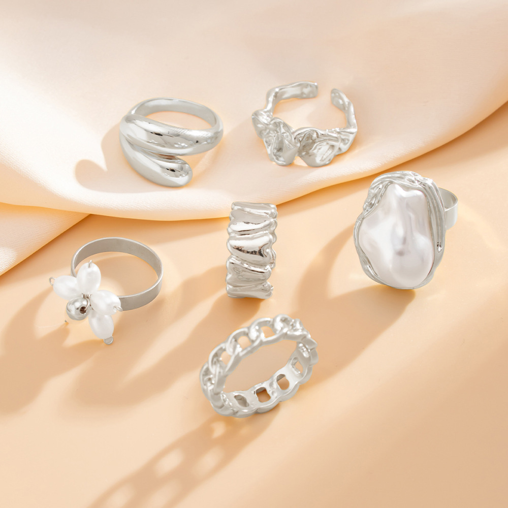 6-Piece Irregular Imitation Pearl Alloy Ring Set