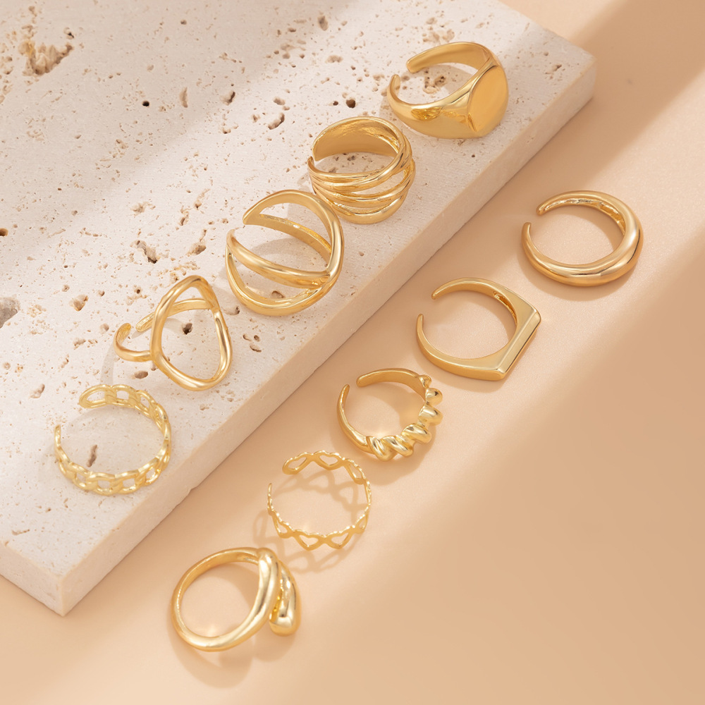 10-Piece Braided Openwork Cross Chain Alloy Ring Set