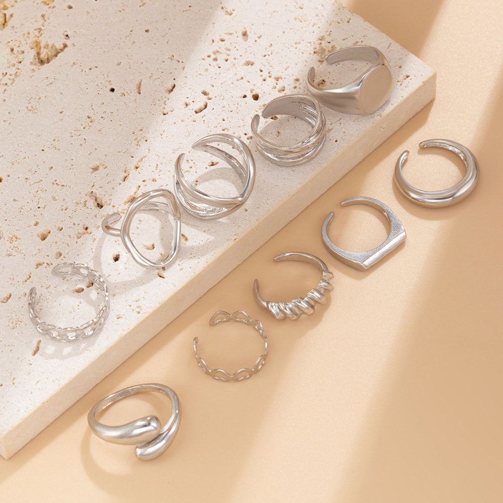 10-Piece Braided Openwork Cross Chain Alloy Ring Set